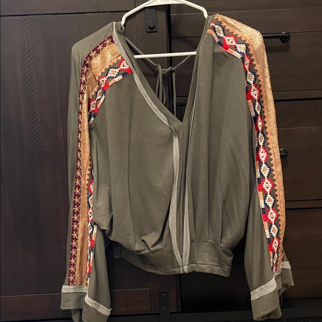 Embroidered Olive Green Long Sleeve Shirt!